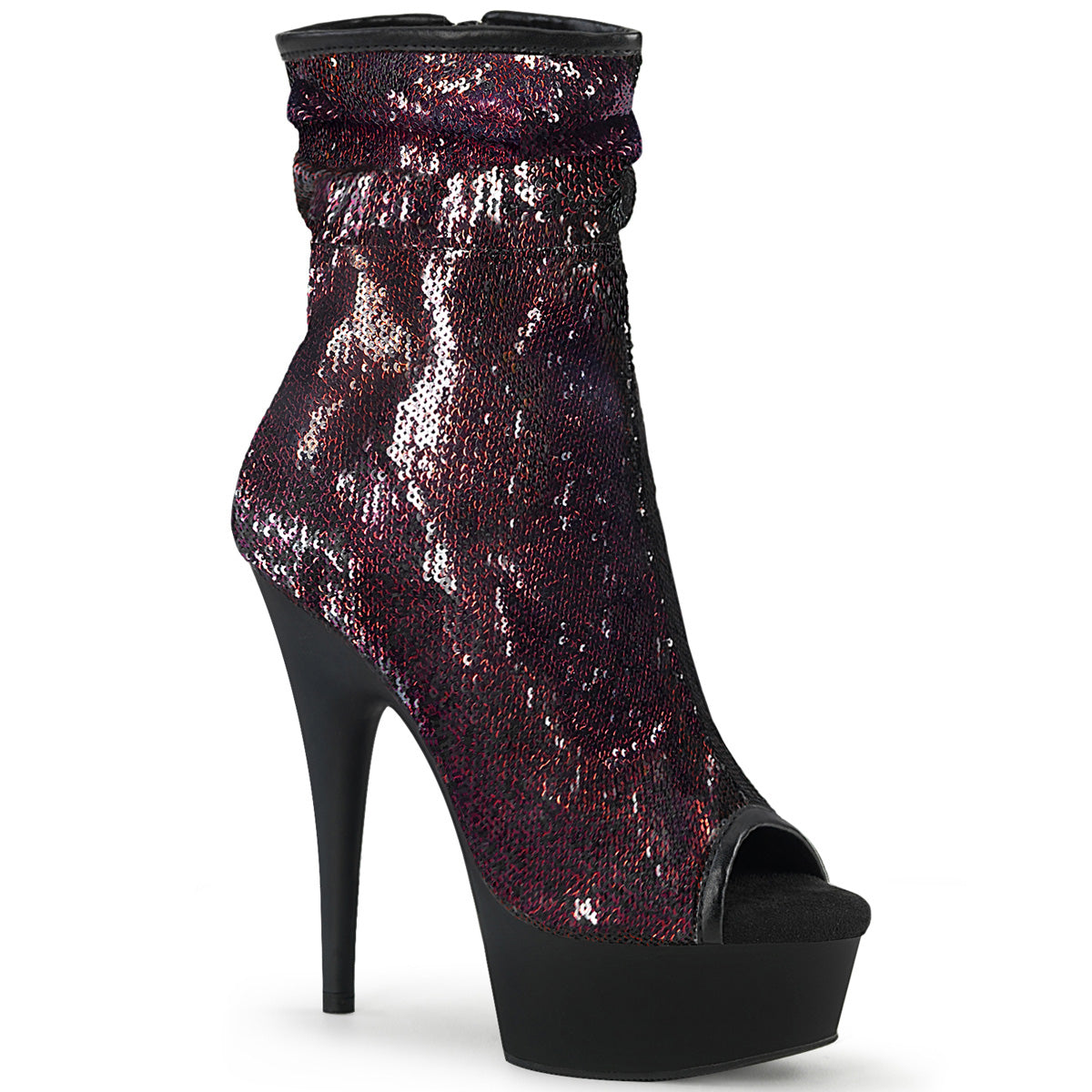 Pleaser Womens Ankle Boots DELIGHT-1008SQ Burgundy Sequins/Blk Matte