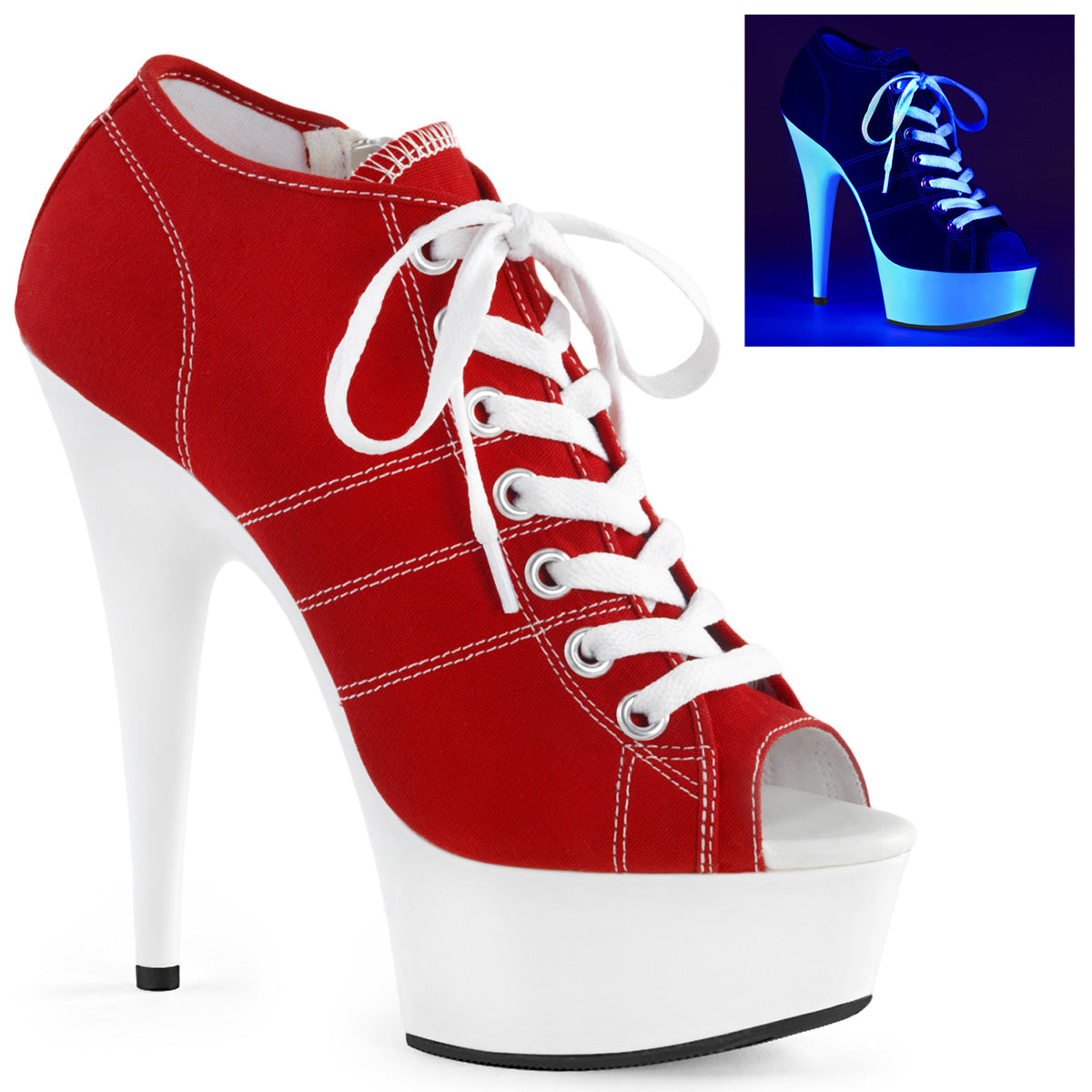 Pleaser Sandalias para mujer DELIGHT-600sk-01 lienzo rojo / neón blanco