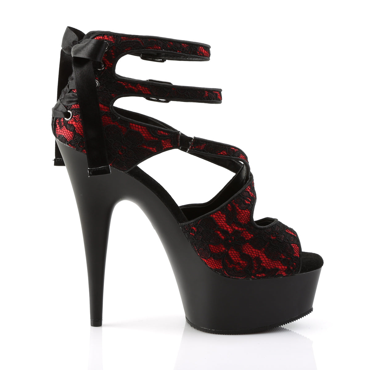 Pleaser Sandalias para mujer DELIGHT-678lc rojo satinado-encaje / blk mate