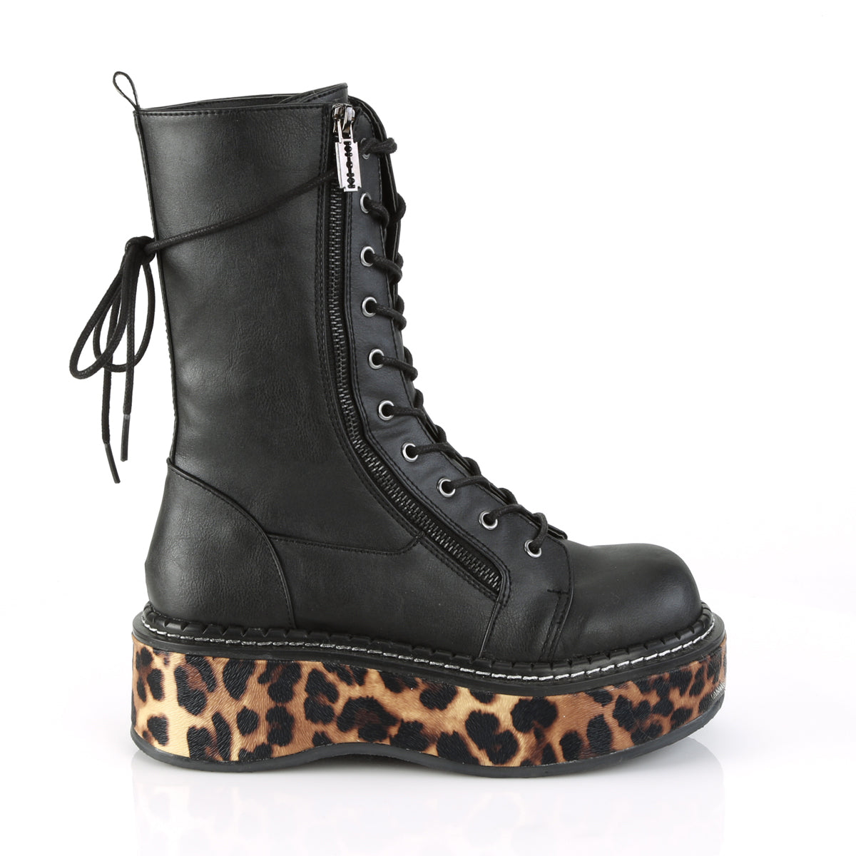 DemoniaCult Botas de mujer EMILY-350 BLK-Leopard impreso cuero vegano