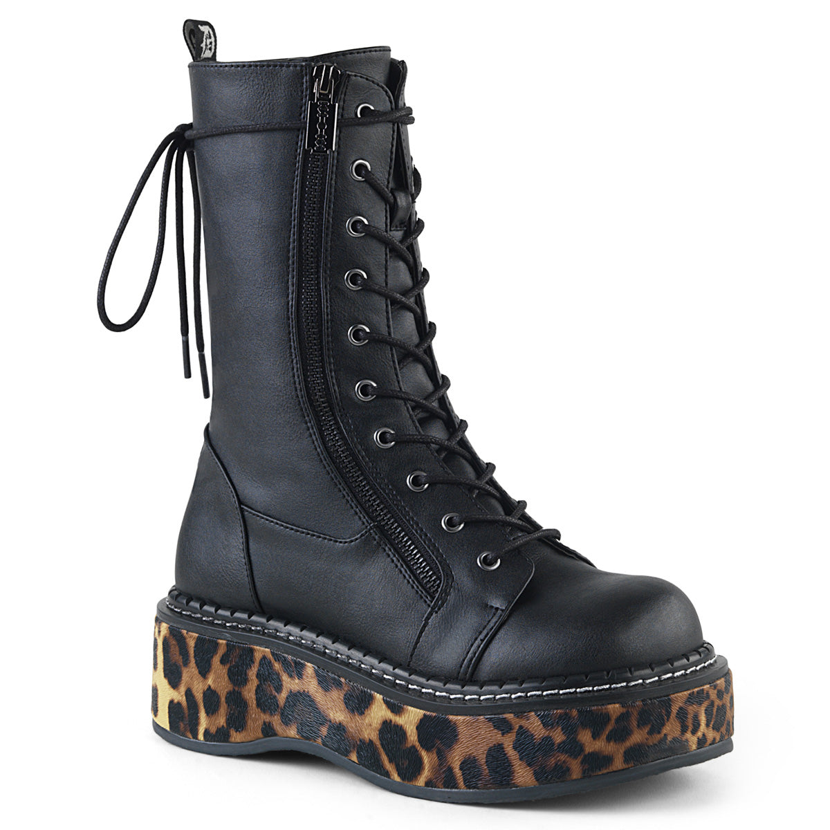 DemoniaCult Botas de mujer EMILY-350 BLK-Leopard impreso cuero vegano