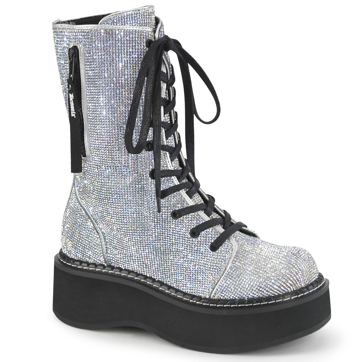 DemoniaCult Botas de mujer EMILY-362 plateado cuero vegano-rhinestone