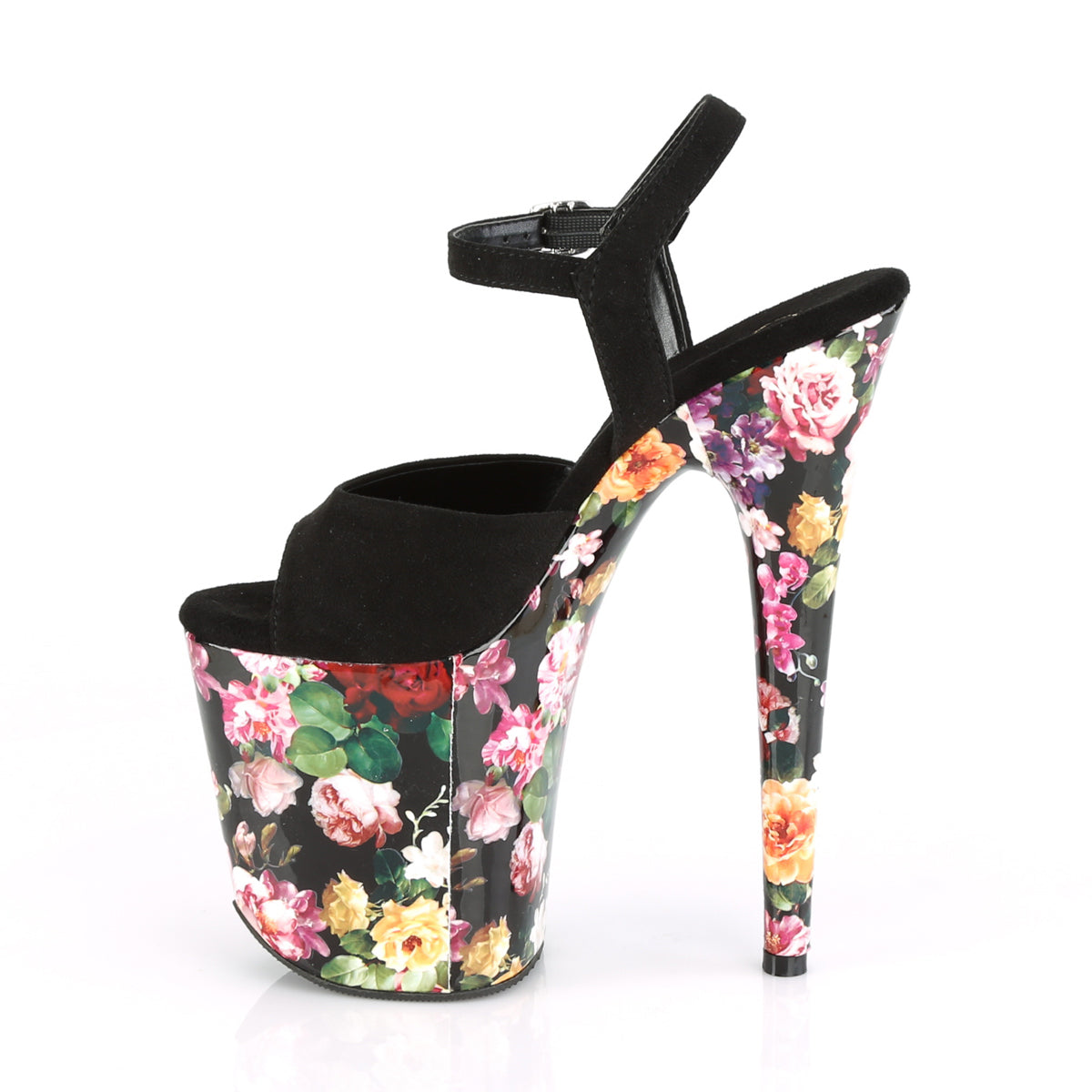 Pleaser Sandalias para mujer FLAMINGO-809WR Black Faux Suede / Flower Print envuelto