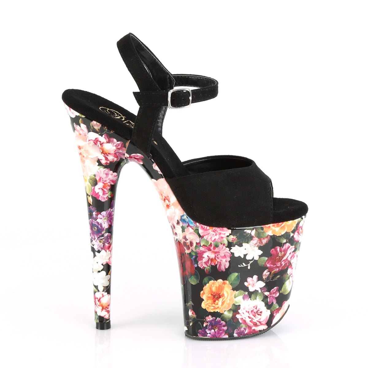 Pleaser Sandalias para mujer FLAMINGO-809WR Black Faux Suede / Flower Print envuelto