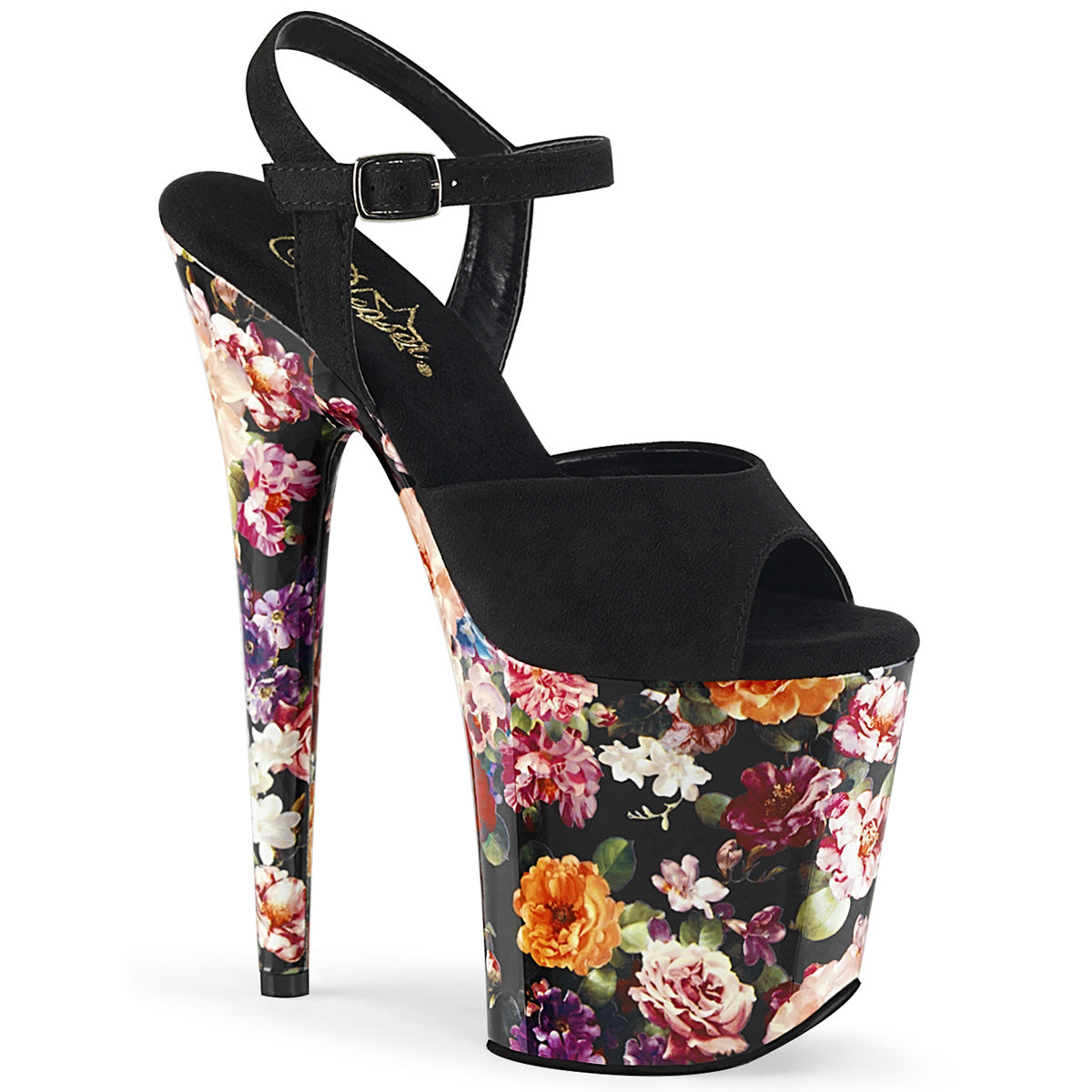 Pleaser Sandalias para mujer FLAMINGO-809WR Black Faux Suede / Flower Print envuelto