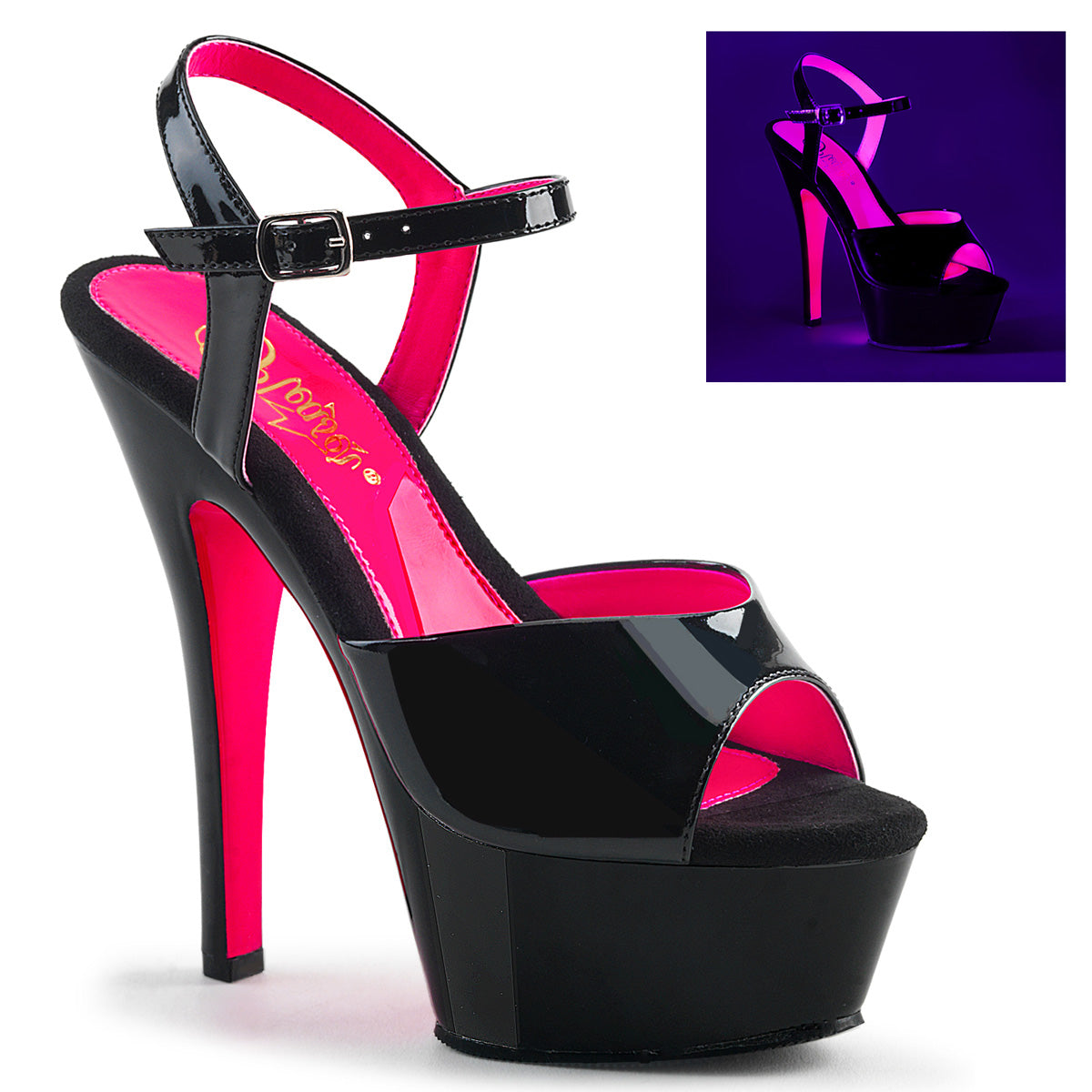 Pleaser Sandalias para mujer KISS-209TT BLK PAT / BLK-NEON H. PINK