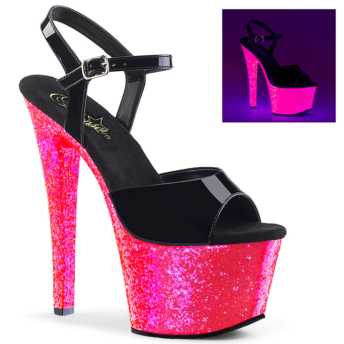 Pleaser Sandalias para mujer SKY-309uvlg Blk Pat / Neon H. Pink Brillo