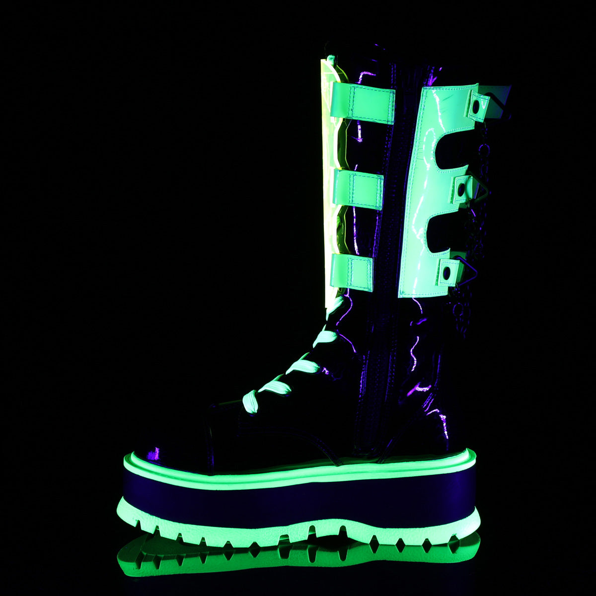 DemoniaCult  Boots SLACKER-156 Blk Pat-UV Neon Green