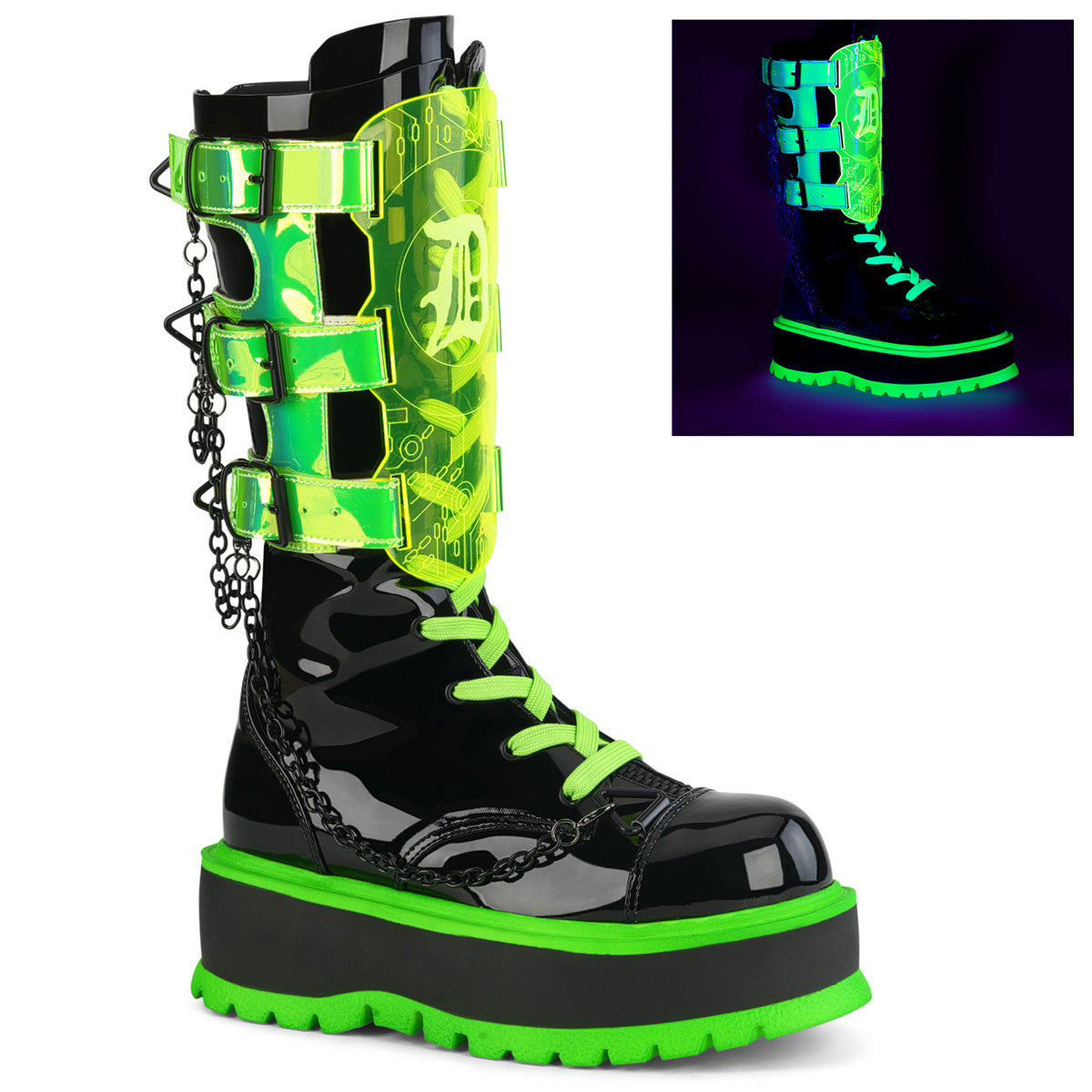 DemoniaCult  Boots SLACKER-156 Blk Pat-UV Neon Green