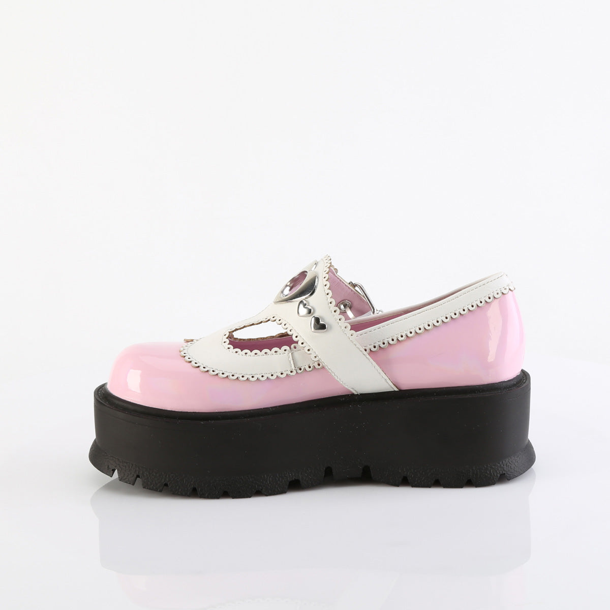 DemoniaCult   SLACKER-23 B. Pink Holo Pat-Wht Vegan Leather