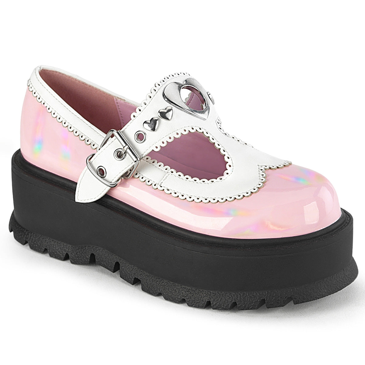 DemoniaCult   SLACKER-23 B. Pink Holo Pat-Wht Vegan Leather