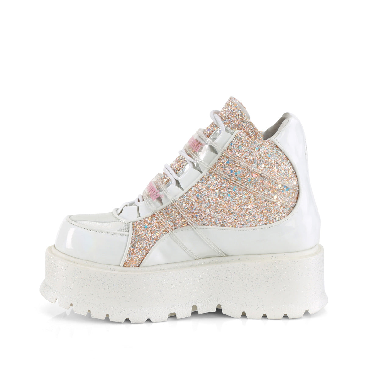 DemoniaCult  Ankle Boots SLACKER-50 Wht Holographic Pat-B. Pink Multi Glitter