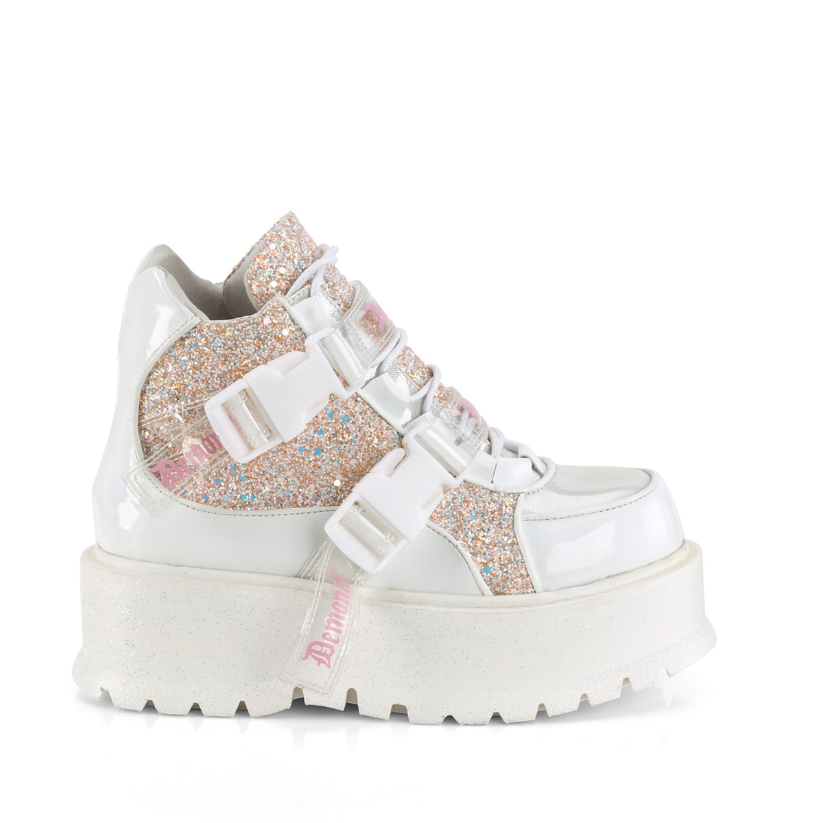 DemoniaCult  Ankle Boots SLACKER-50 Wht Holographic Pat-B. Pink Multi Glitter