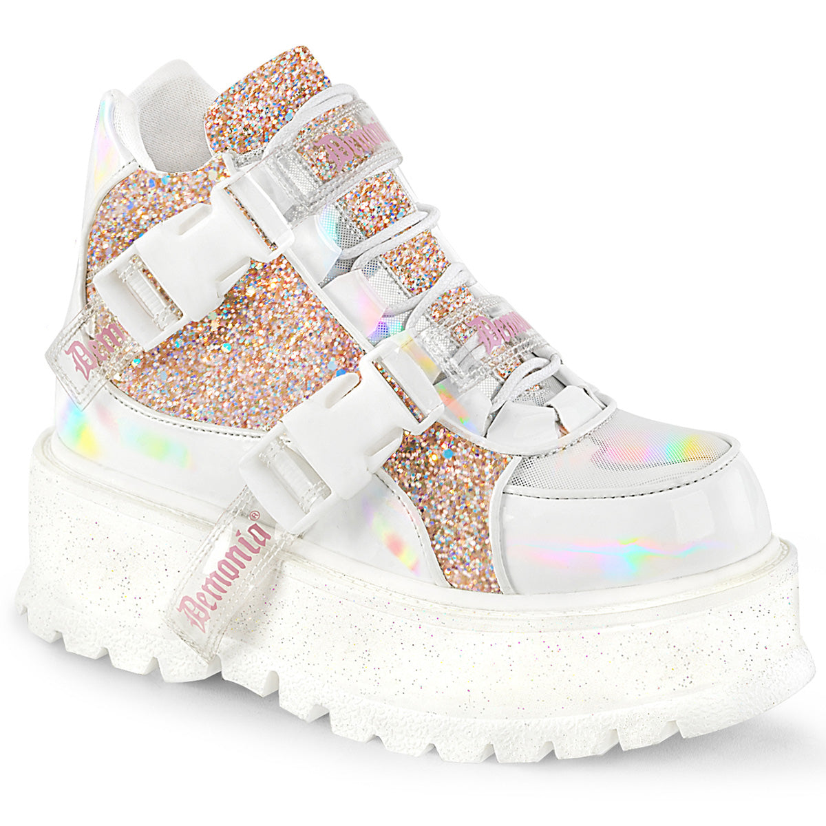 DemoniaCult  Ankle Boots SLACKER-50 Wht Holographic Pat-B. Pink Multi Glitter