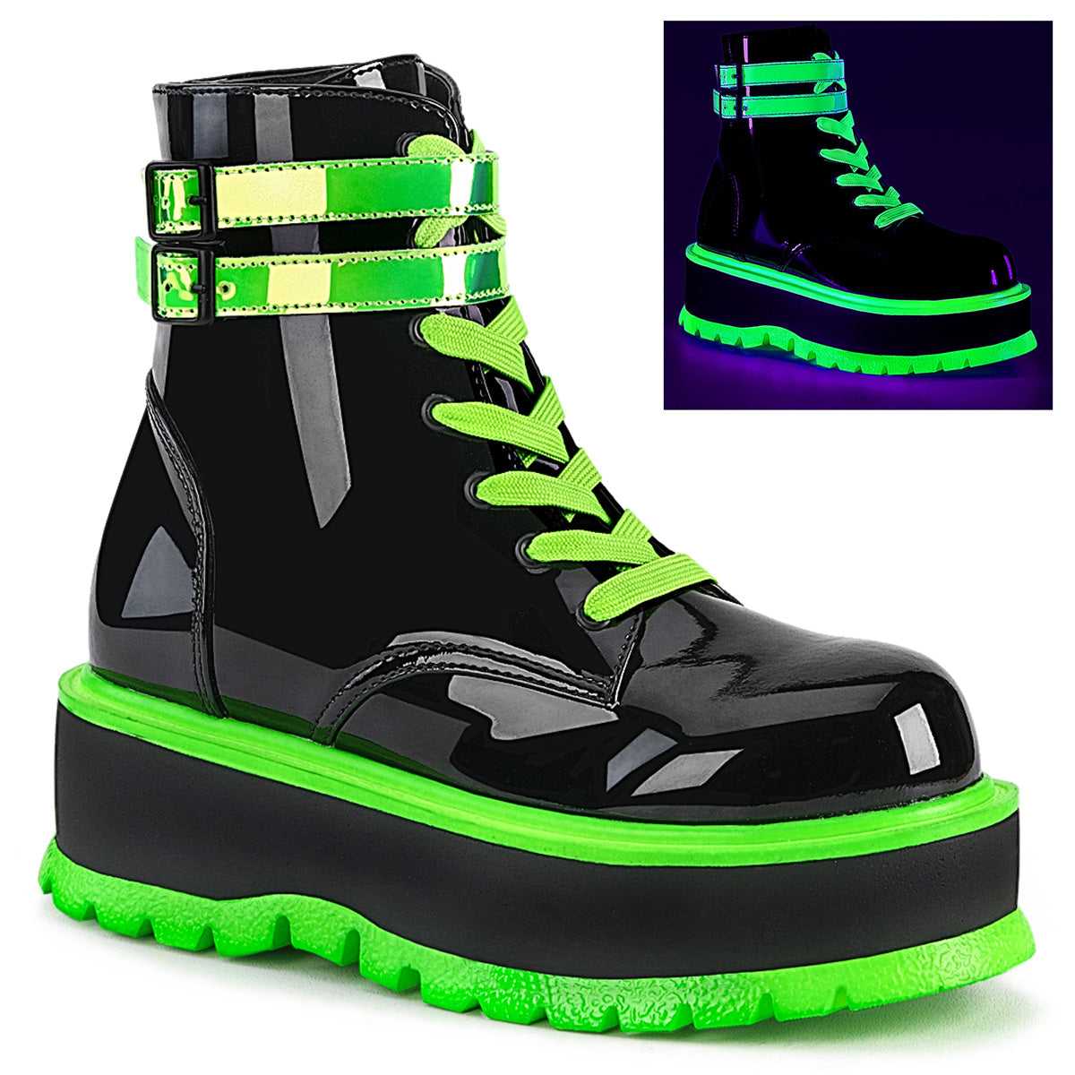 DemoniaCult Botas de tobillo para mujeres SLACKER-52 Blk Pat-UV Green iridiscente