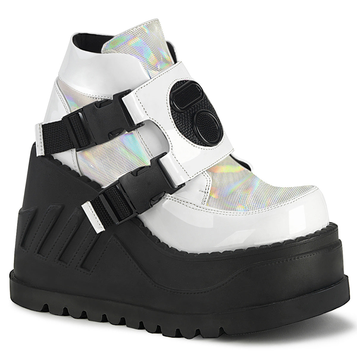 DemoniaCult Womens Ankle Boots STOMP-15 Wht Patent-Multi