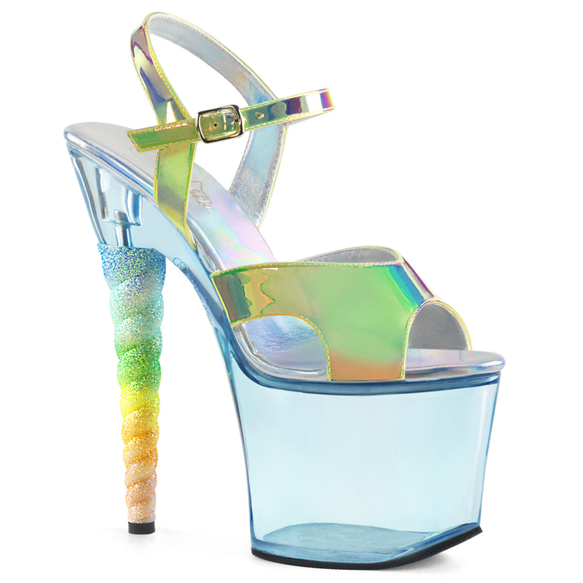 Pleaser Sandalias para mujer Unicorn-711t Shifting Green TPU / Baby Blue Tinted