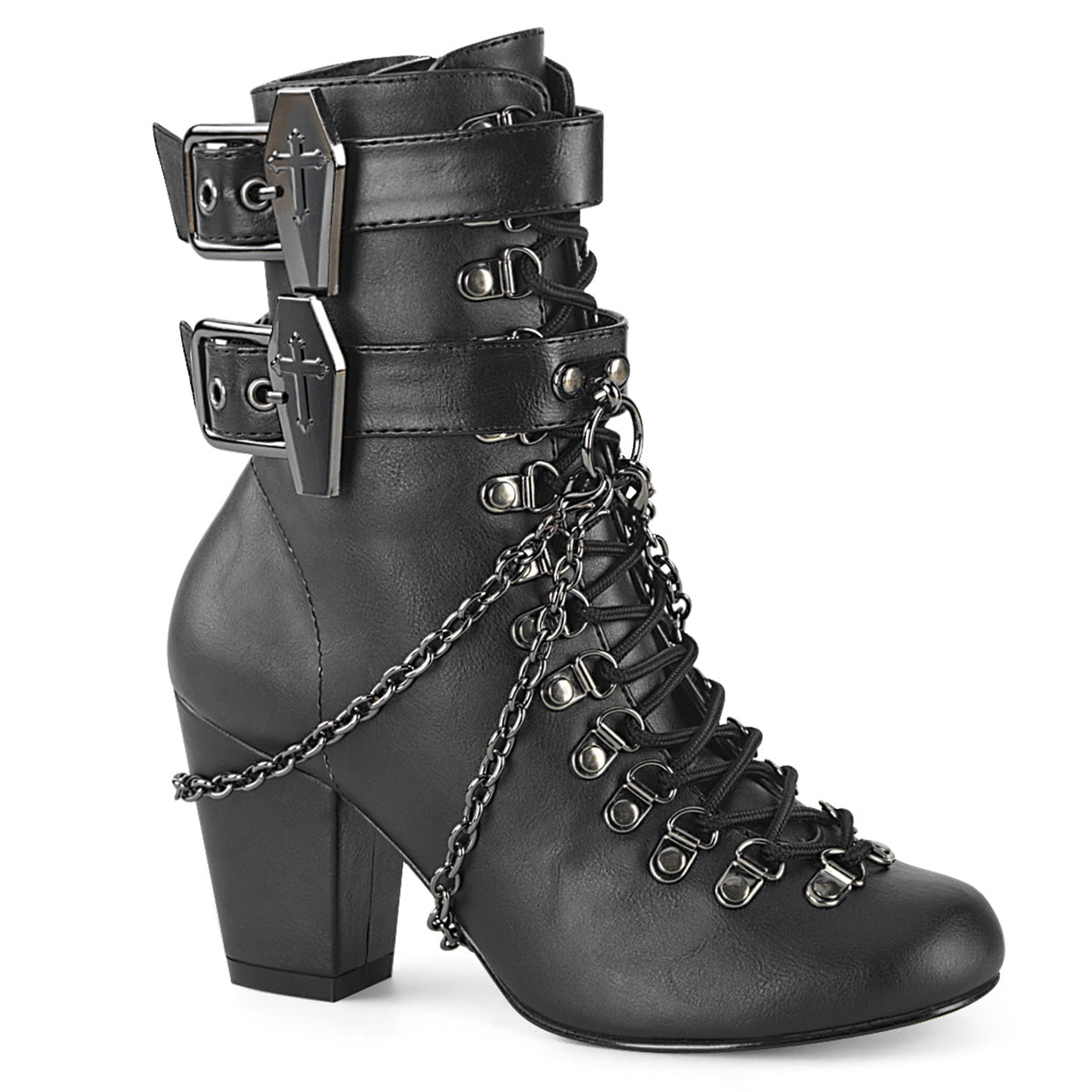 DemoniaCult Botas de tobillo para mujeres VIVIKA-128 BLK de cuero vegano